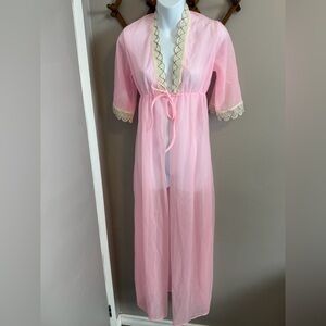 Vintage Pink Sheer Lace Trim Maxi Robe Nightgown Peignoir Small